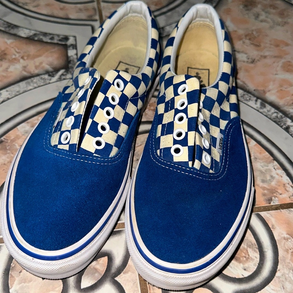 Blue and white checkerboard Vans. Worn Once. Laces not included